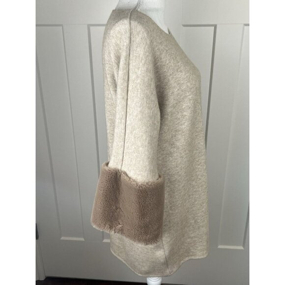 Joseph Ribkoff Women's Sz 14 Tunic Sweater Taupe Beige Fur Trim Classic Designer - Picture 4 of 7
